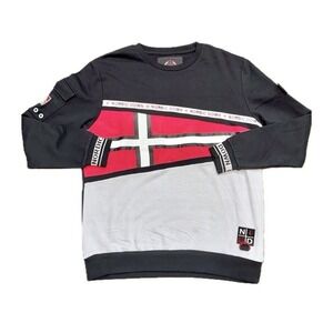 NORDIC DOWN NWT Norway Flag Crewneck Sweatshirt Utility Pocket Black Red | XL